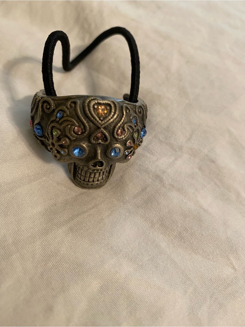 Embellished Skull Hair Tie - Antique Gold with Multicolor Stones